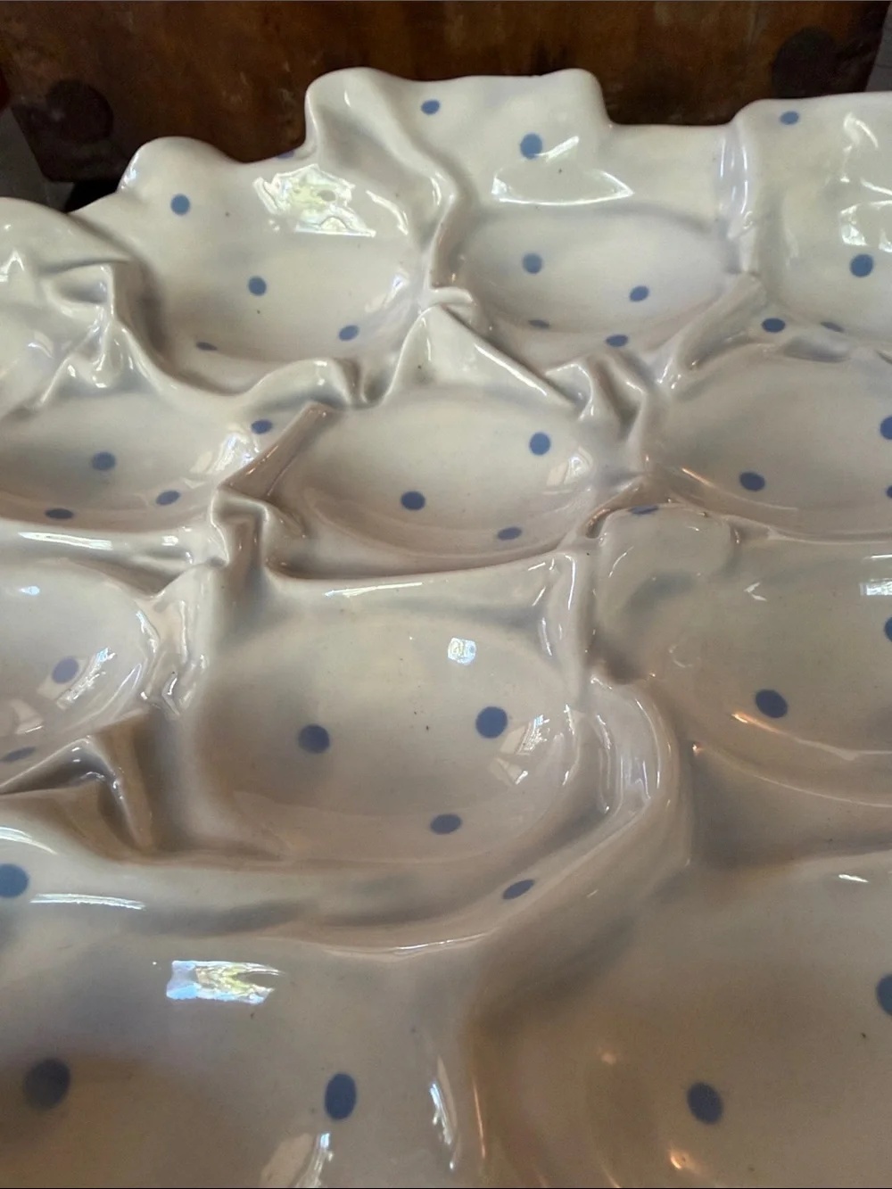 Vintage Ceramic Egg Tray with Blue Polka Dots and Basket motif
